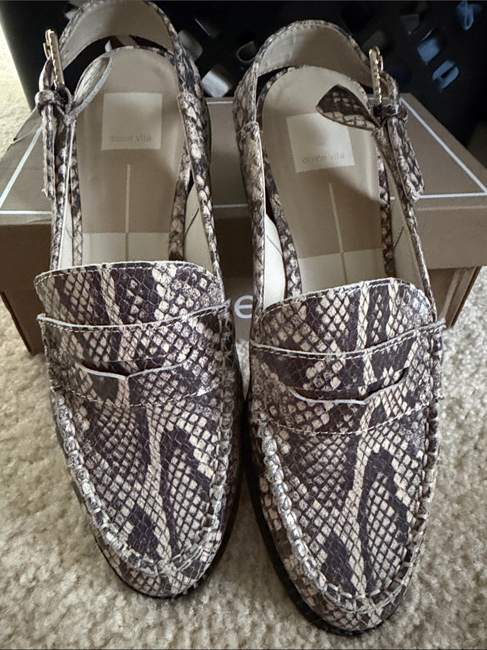 Dolce Vita Hardi Snake-Print Slingback Loafers in Brown and Cream